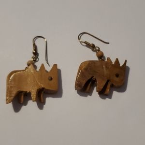 Handmade carved wood rhino earrings